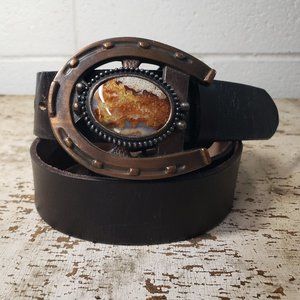 Men’s 40 ~ NPET Belt ~ Brown Genuine Full Grain Leather & Horseshoe Agate Buckle